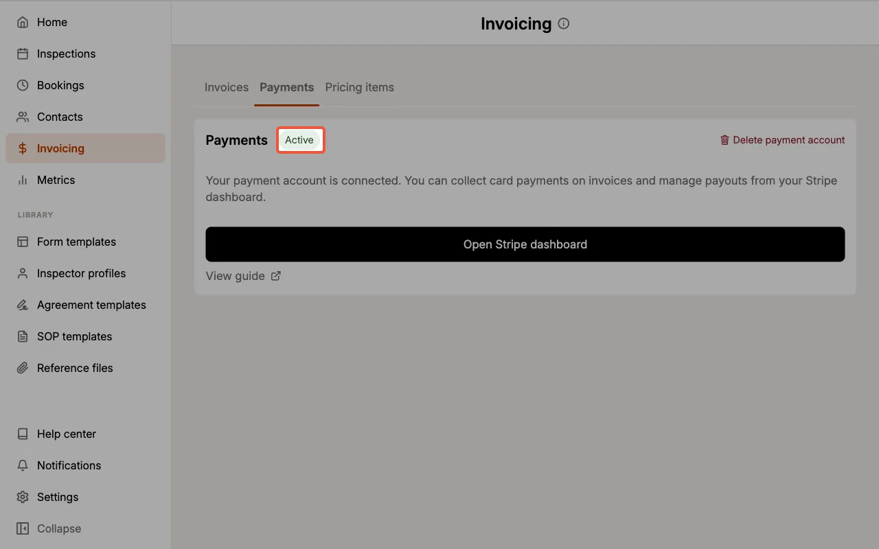 The Payments tab showing an active payment account.