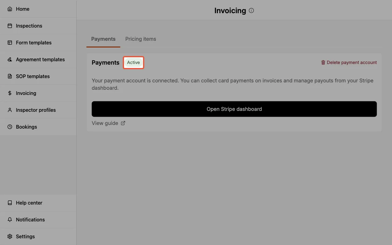 The Payments tab showing an active payment account.