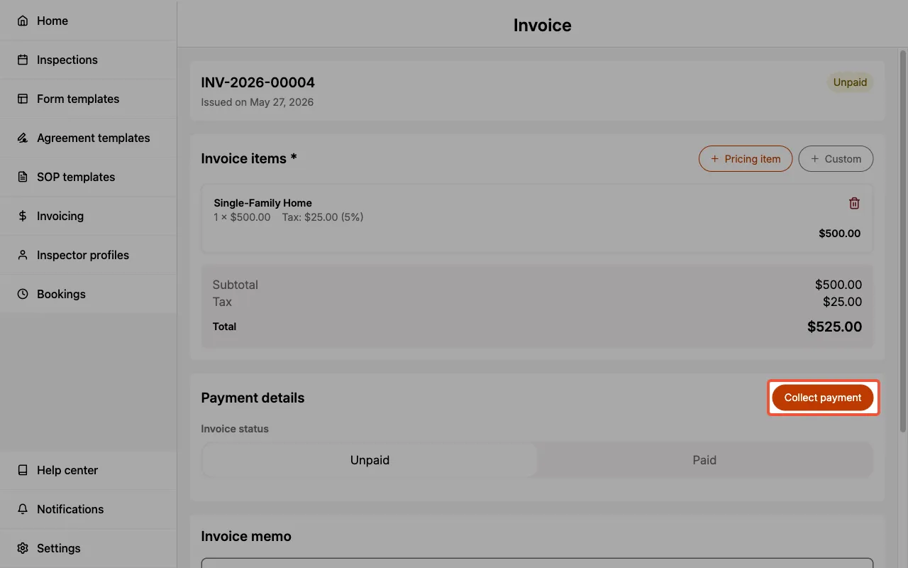 The Collect payment button in the Payment details section of an invoice.