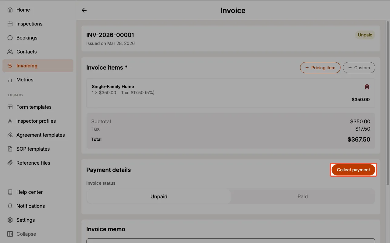 The Collect payment button in the Payment details section of an invoice.