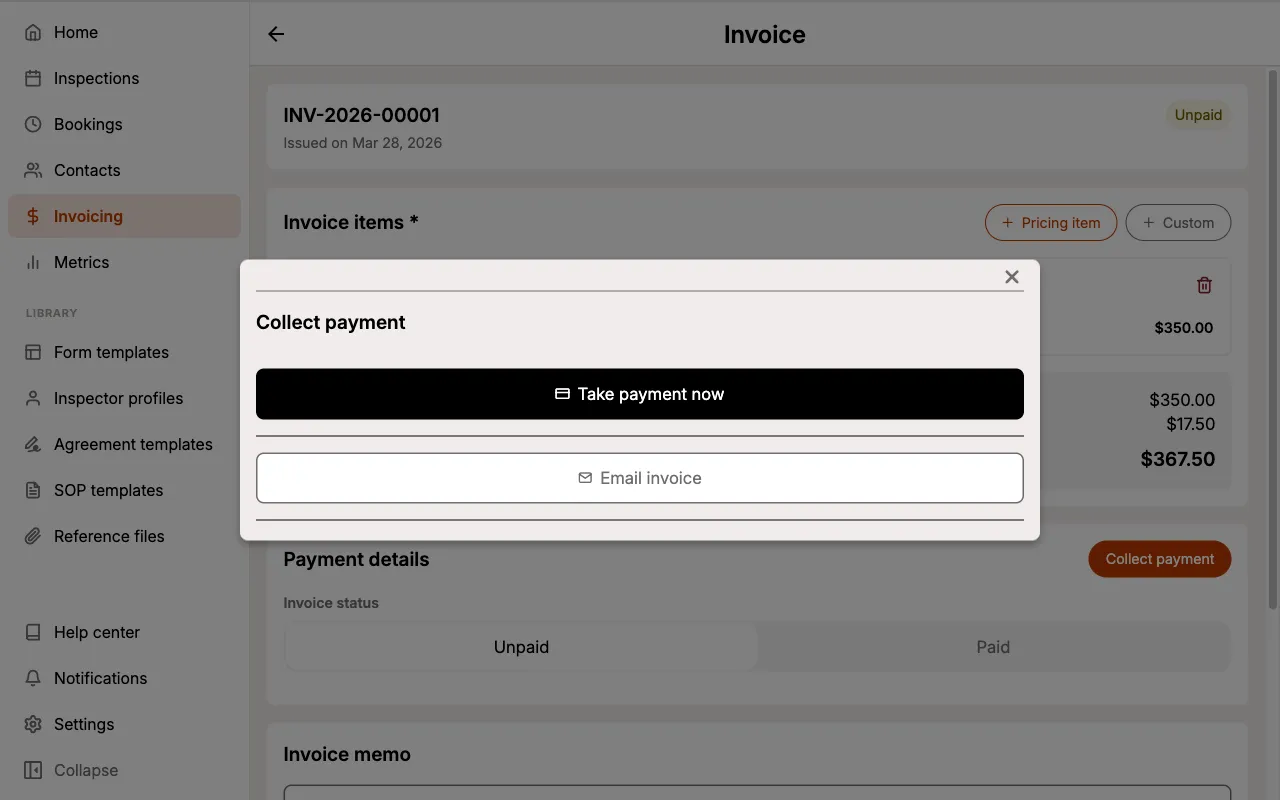 The Collect payment options: Take payment now or Email invoice.