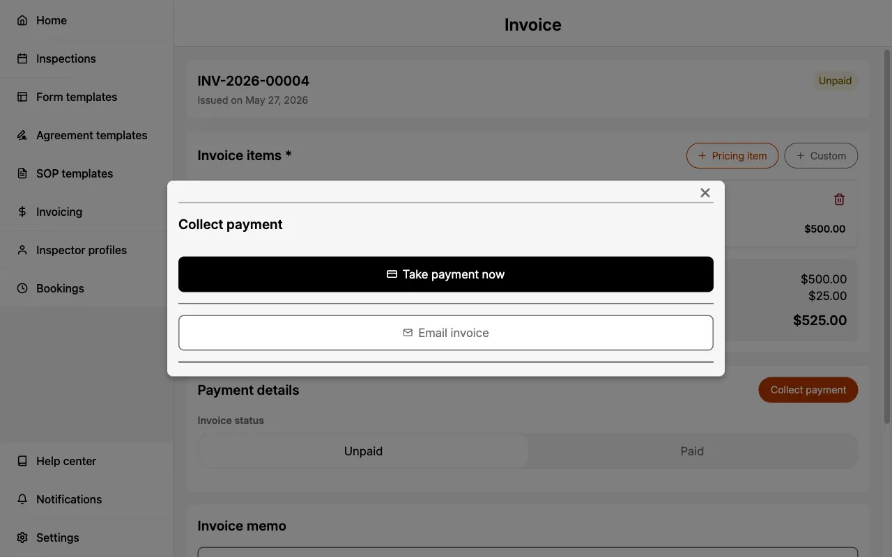 The Collect payment options: Take payment now or Email invoice.