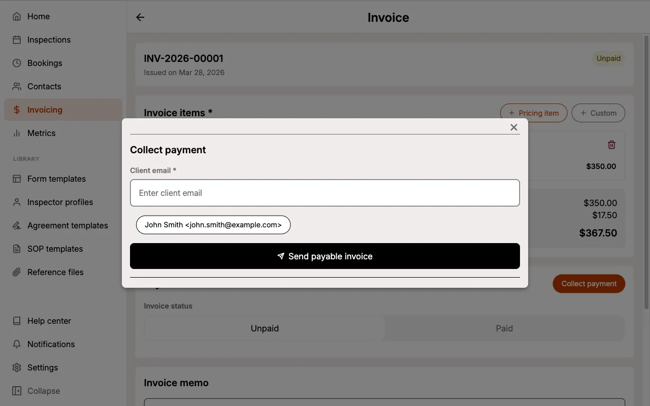 Emailing a payable invoice to a client from the Collect payment sheet.