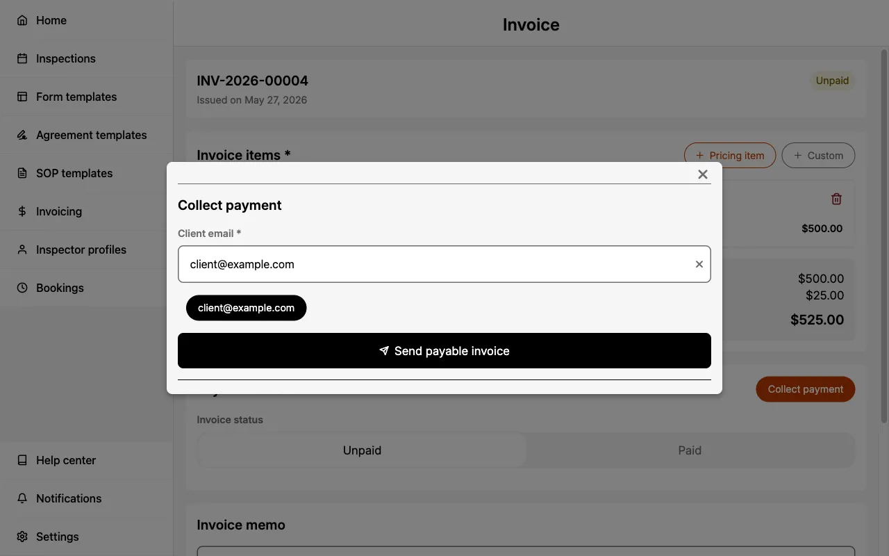Emailing a payable invoice to a client from the Collect payment sheet.