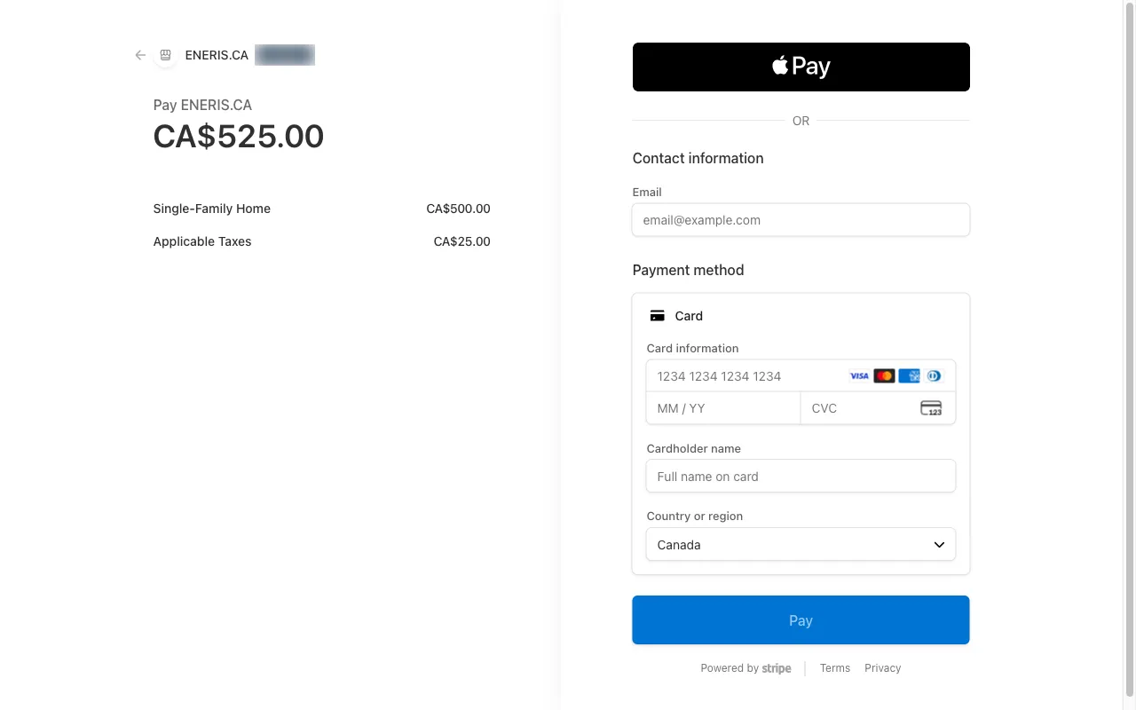 The Stripe checkout page showing the invoice line items and card payment form.