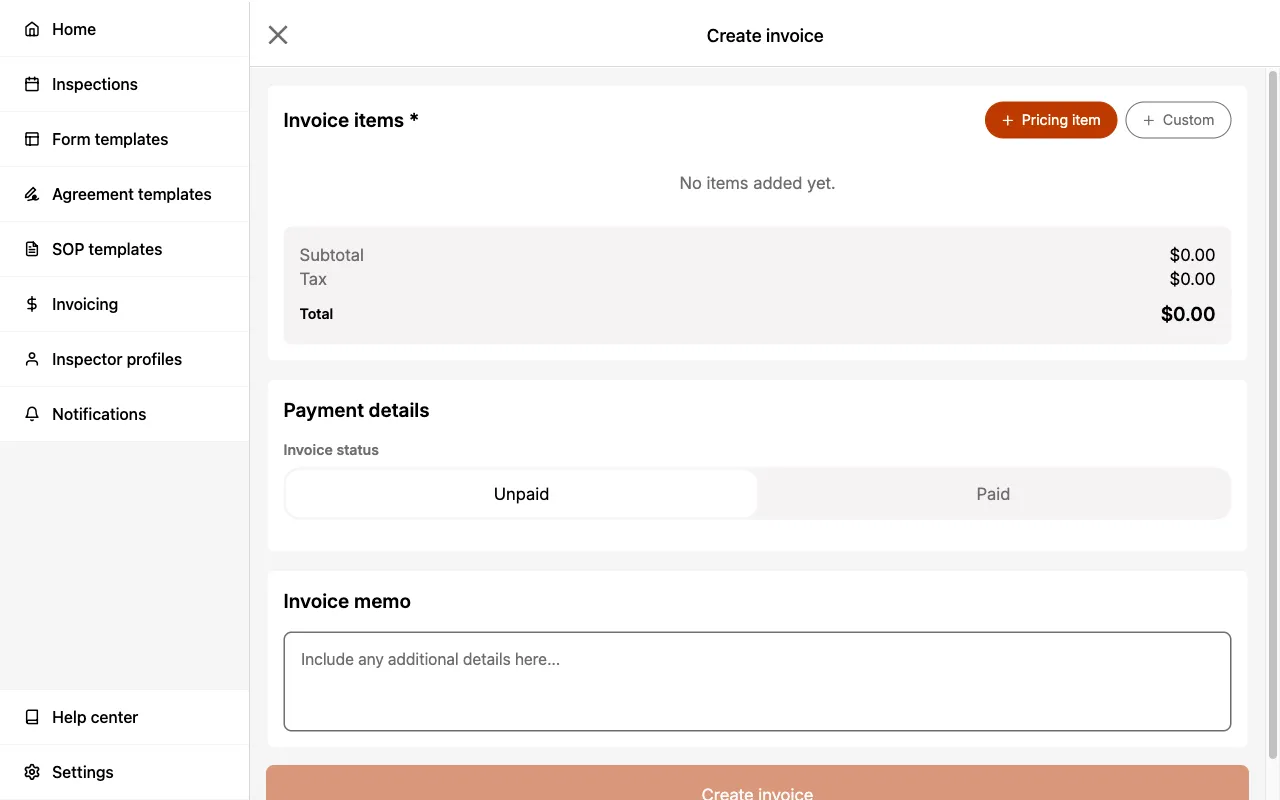 Creating an invoice within an Inspection.