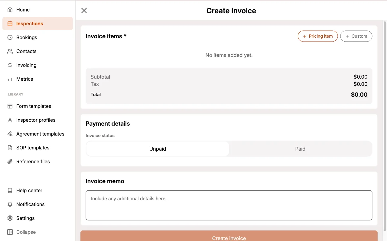 Creating an invoice within an Inspection.