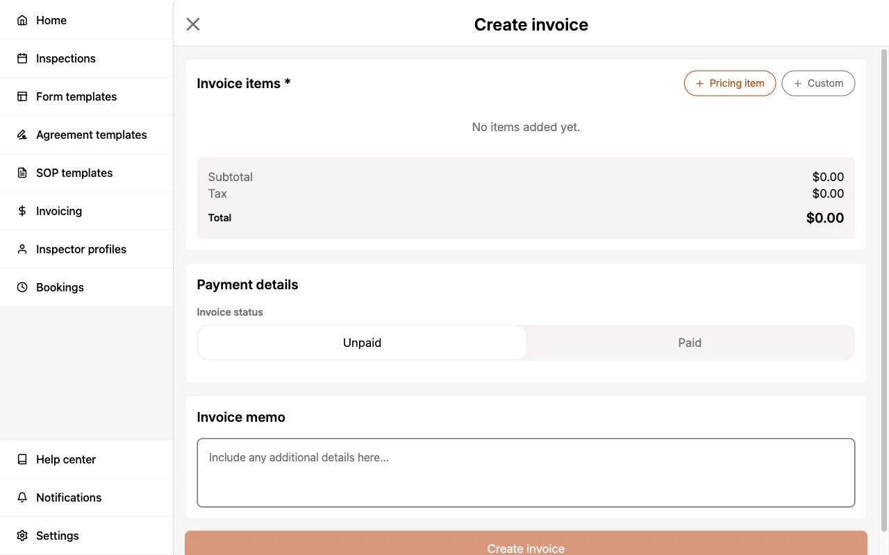Creating an invoice within an Inspection.