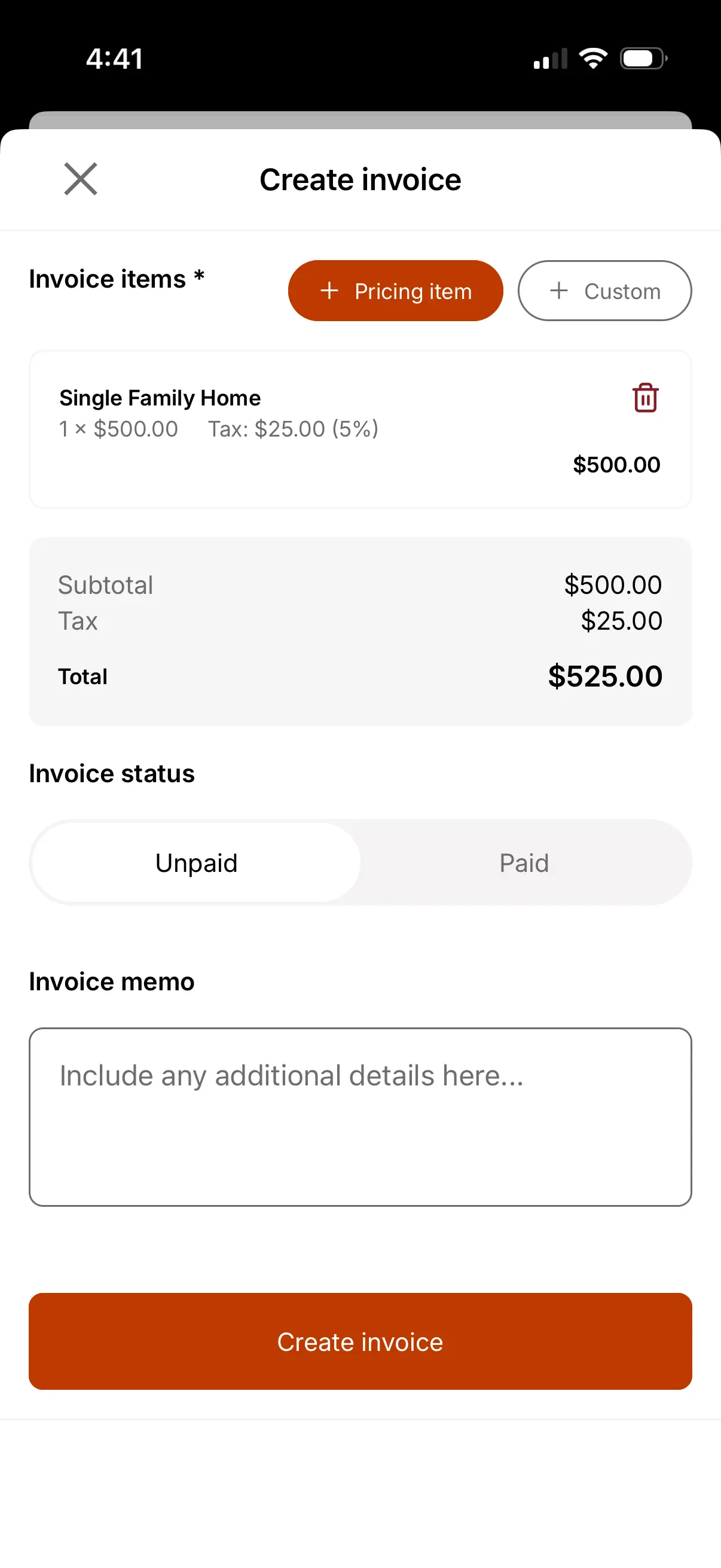 Creating an invoice within an Inspection.