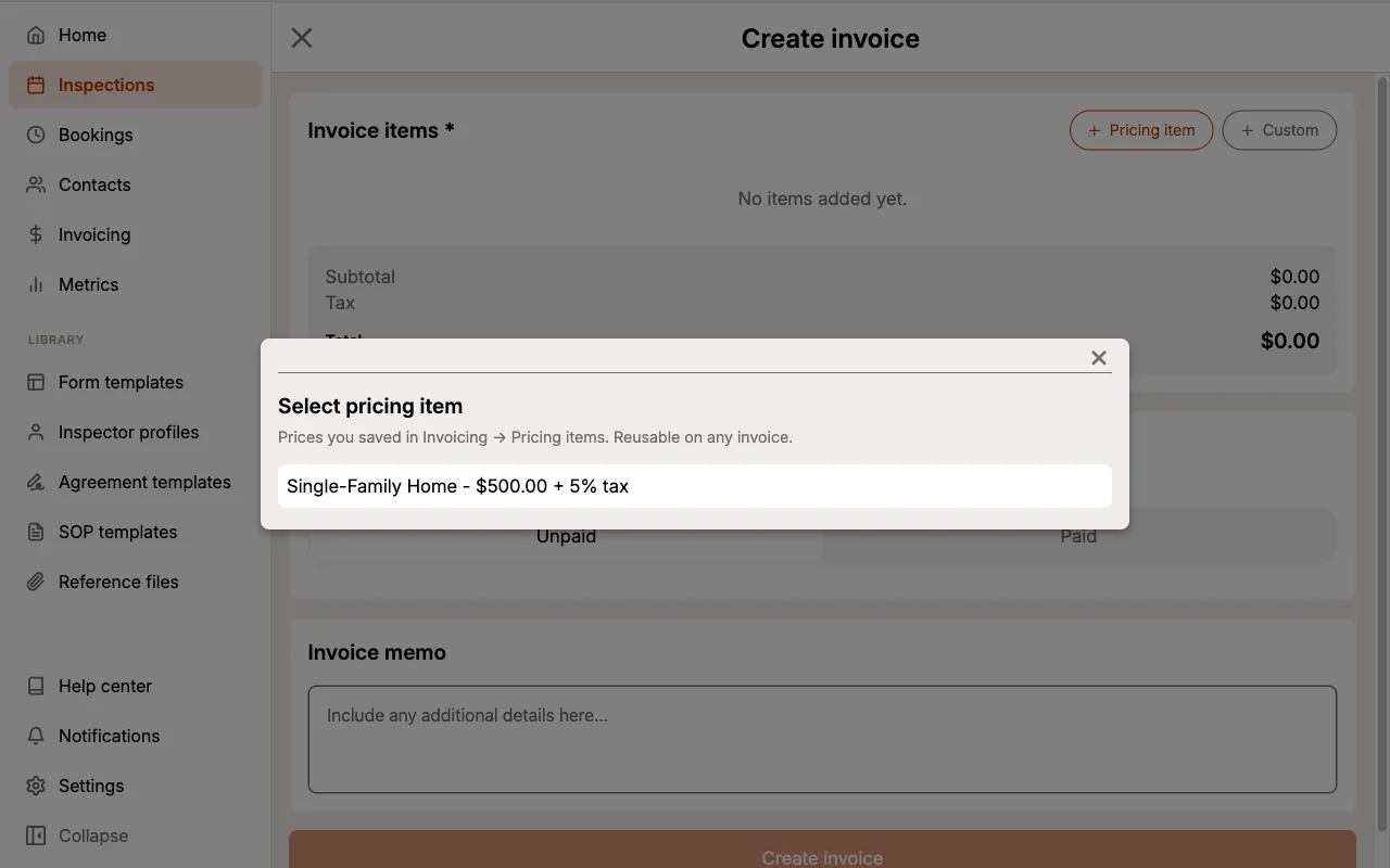 Creating a Pricing Item within an inspection.