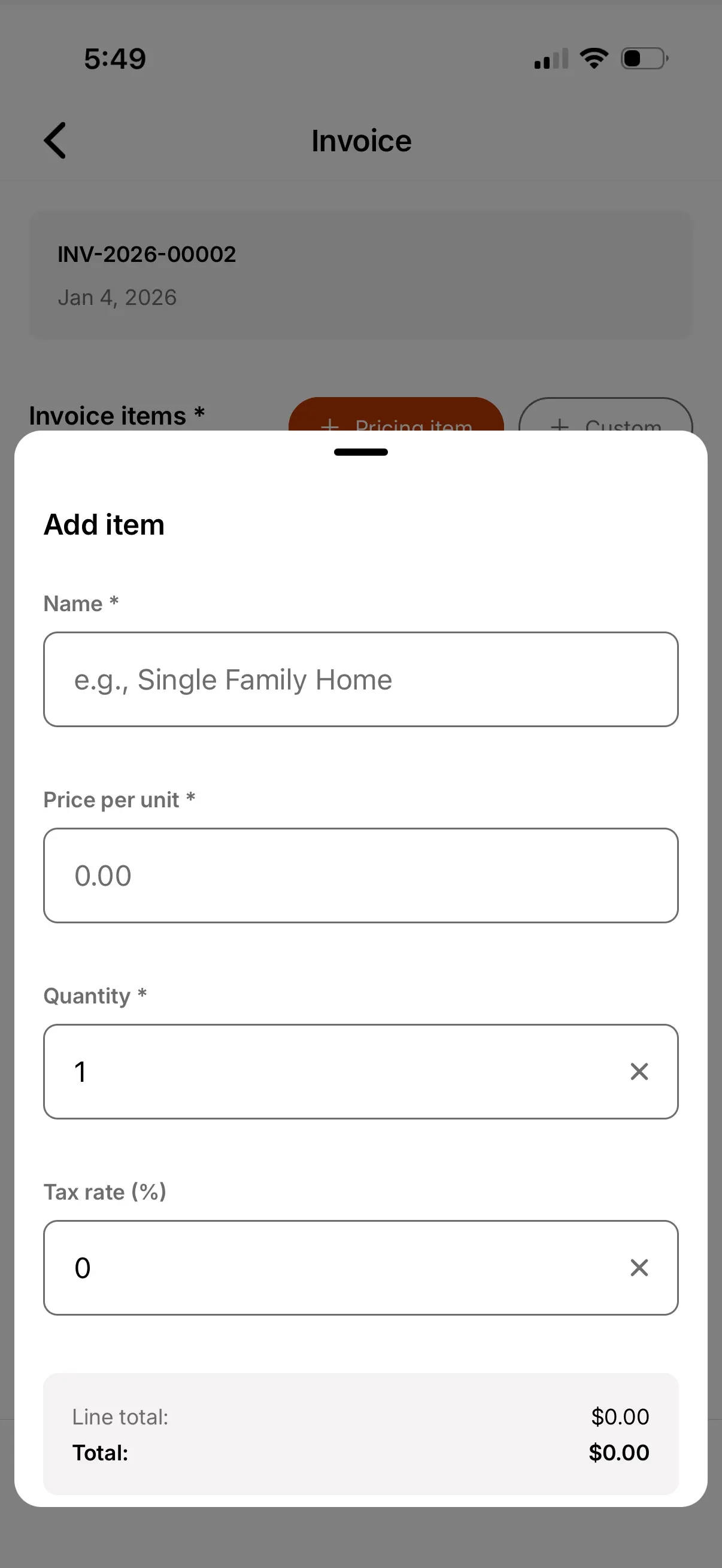 Creating a Pricing Item within an inspection.