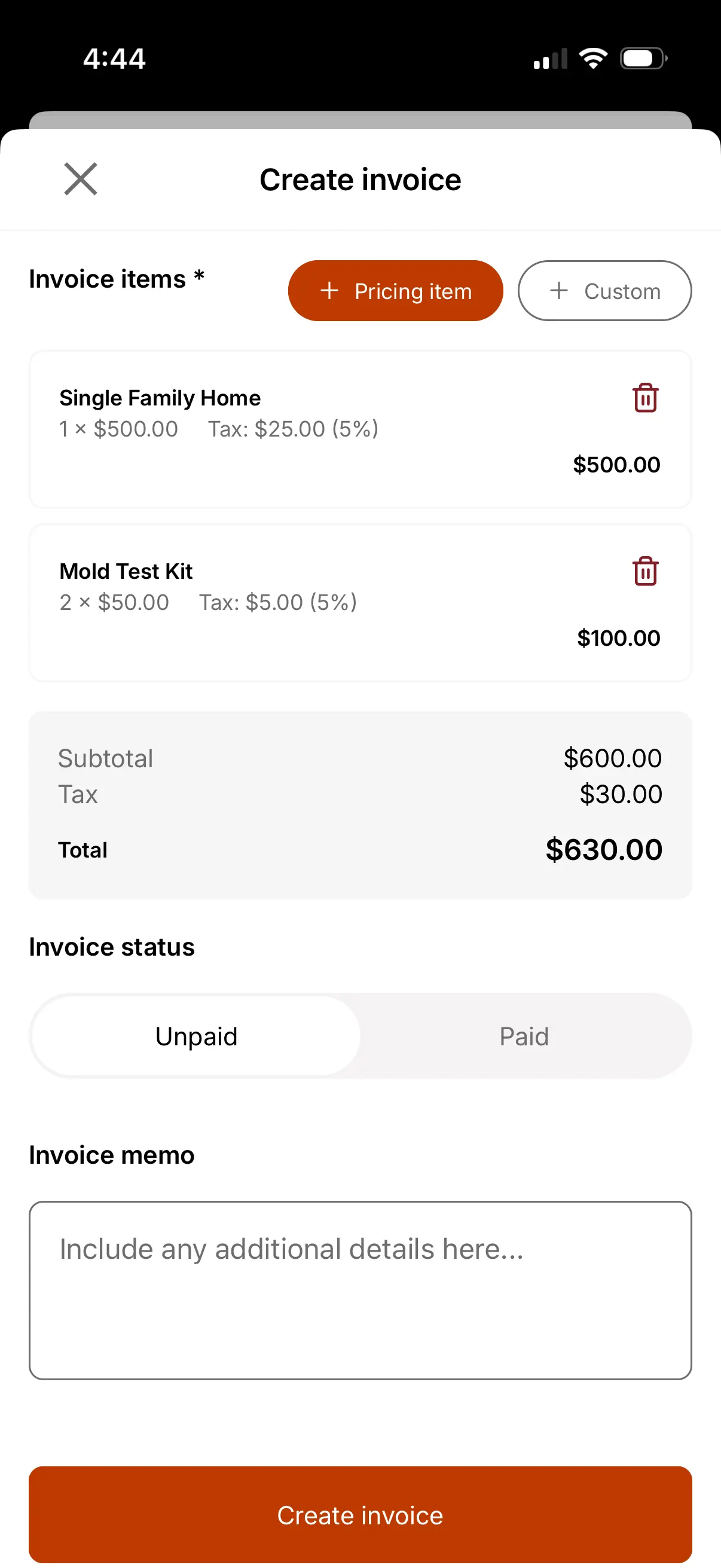 Invoice subtotals, tax totals, and overall total amounts.