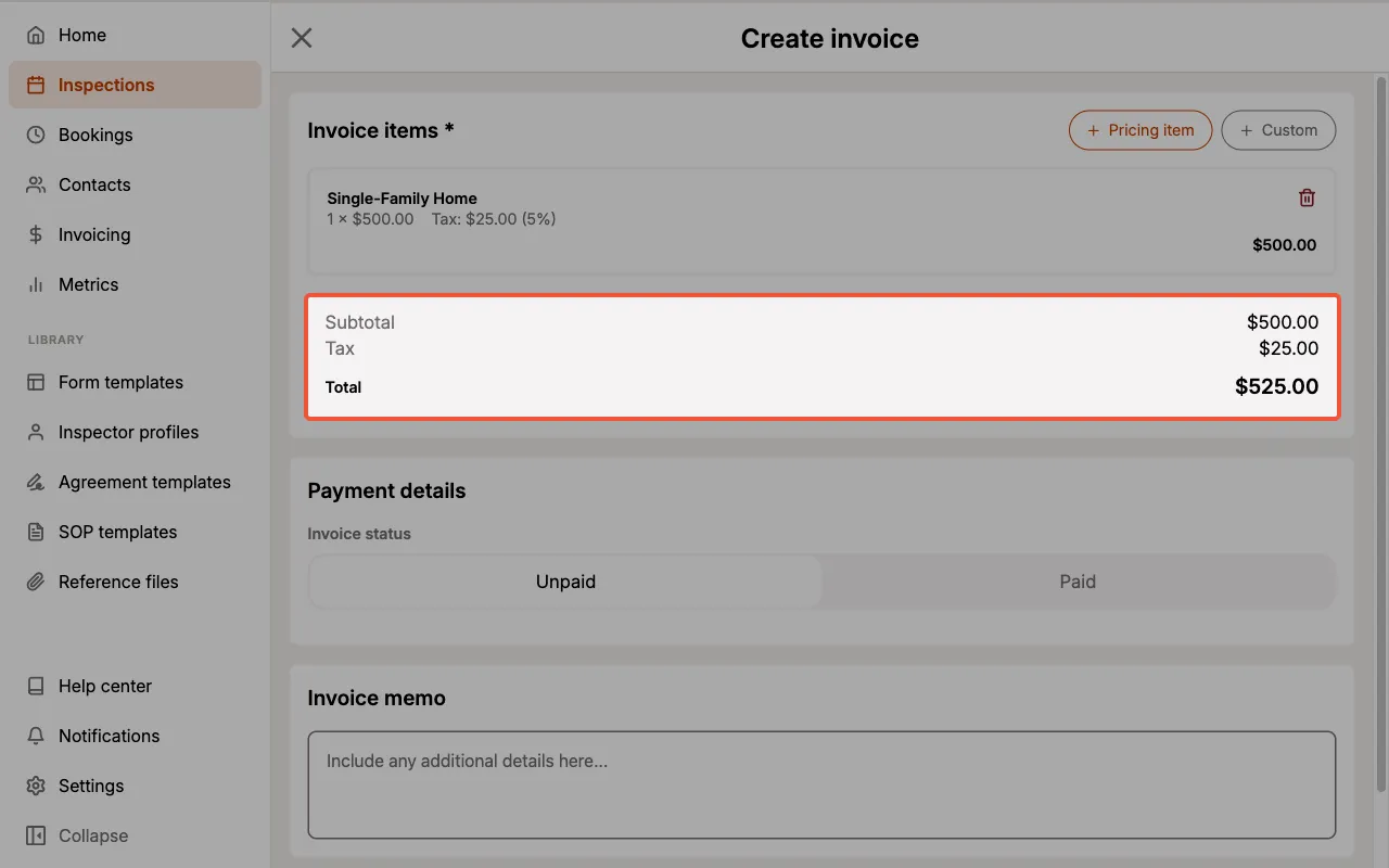 Invoice subtotals, tax totals, and overall total amounts.