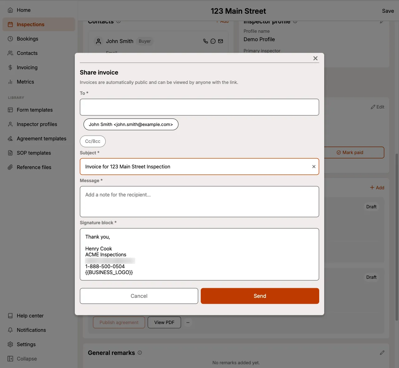 Share the invoice via email, with recipients, subject, message, and signature block.