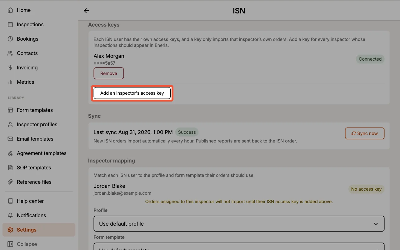 Access keys section listing a connected inspector key with the add access key button.