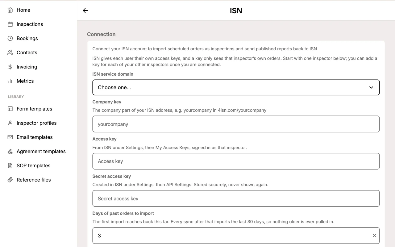 ISN connection form with service domain, company key, access key, secret access key, import window, and timezone fields.