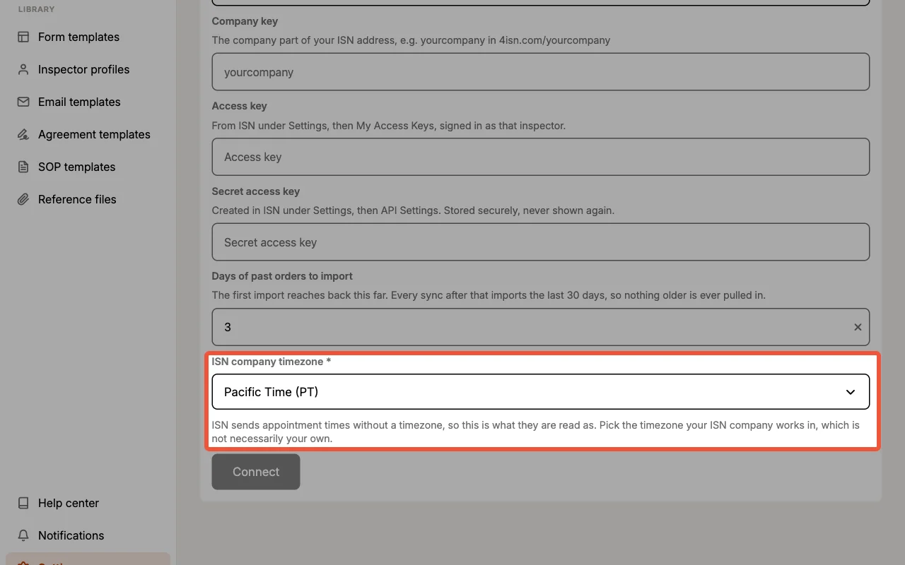 ISN company timezone picker with its explanation below the connection form.