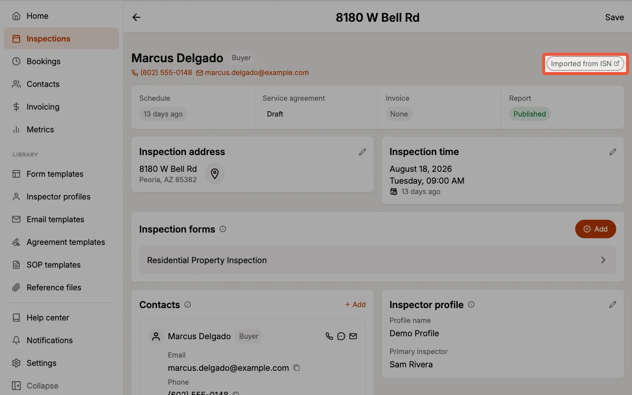 Inspection details header with the Imported from ISN badge.