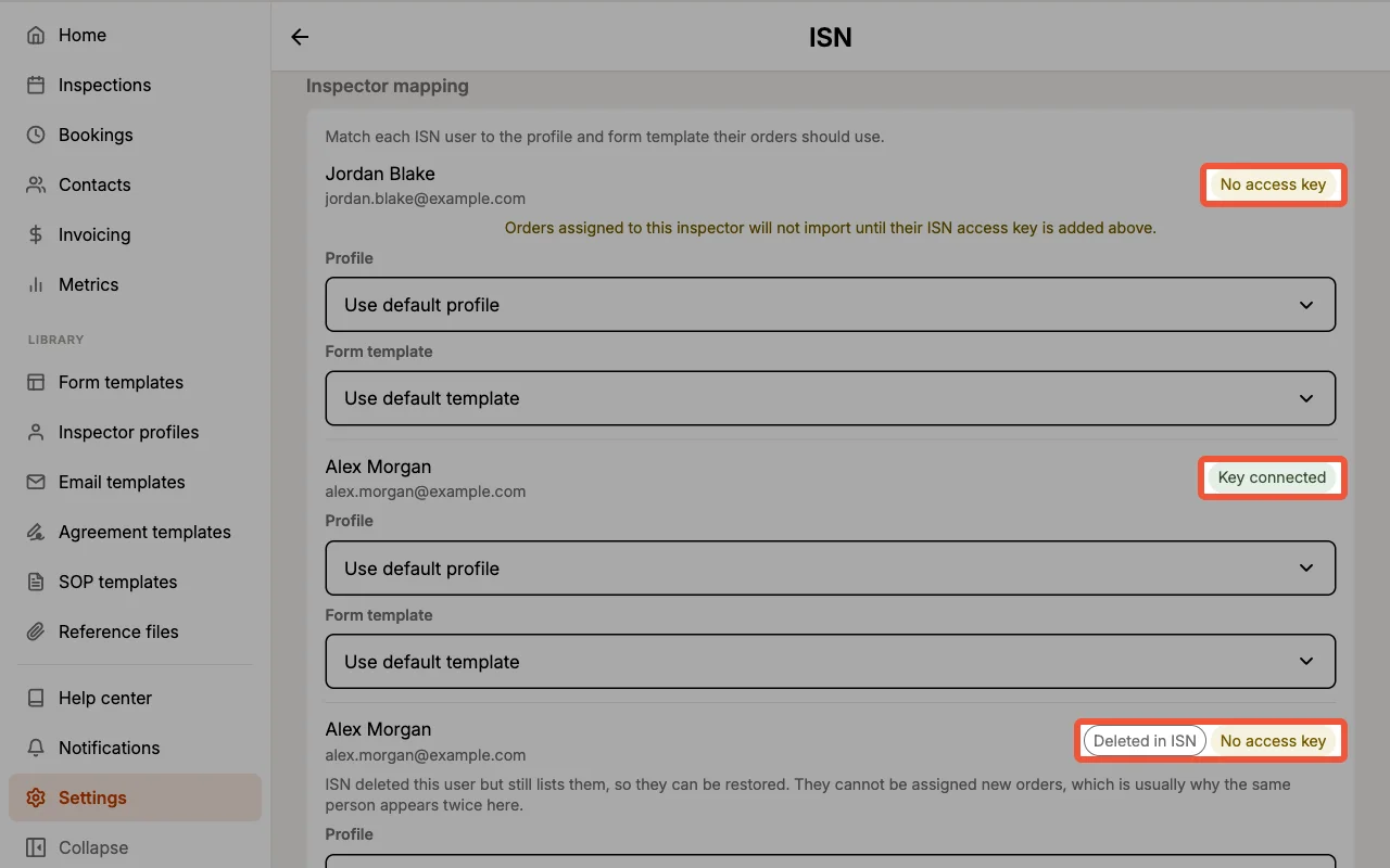 Inspector mapping rows with profile and form template pickers and status badges.