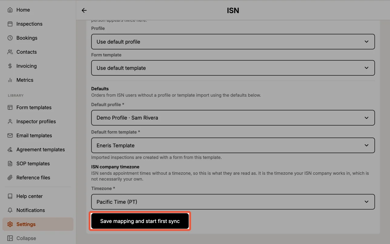 Defaults group with default profile, default form template, ISN company timezone, and the save mapping button.