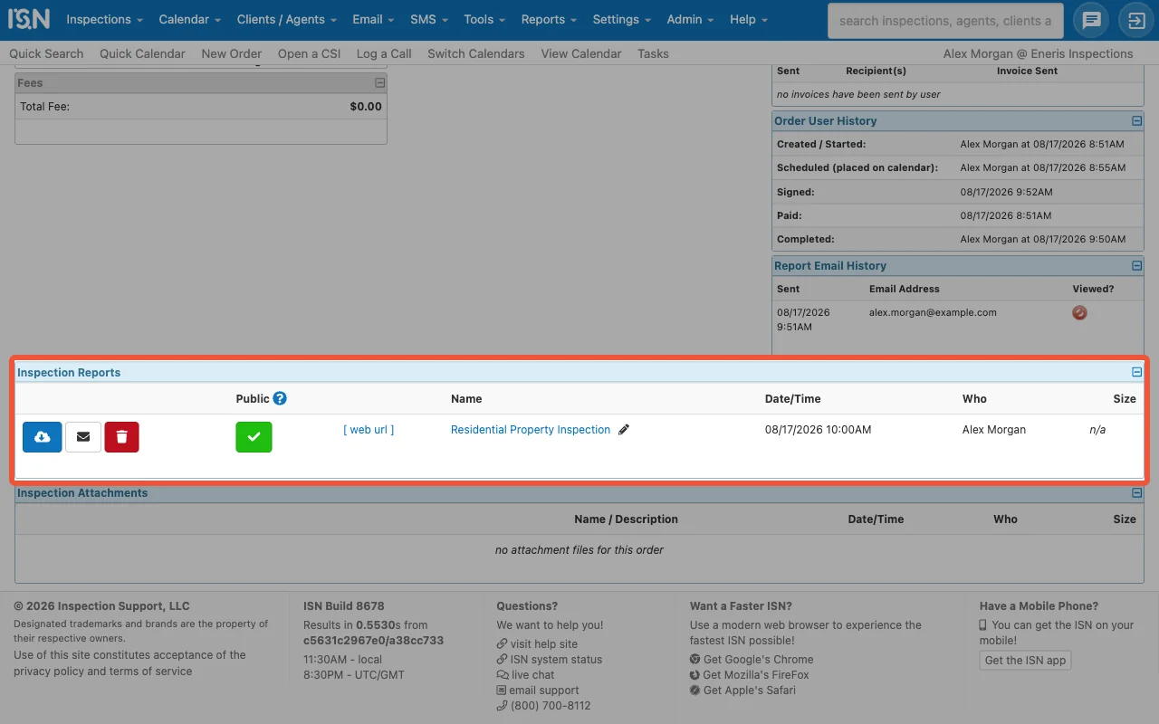 ISN order page with the published Eneris report listed under Inspection Reports.