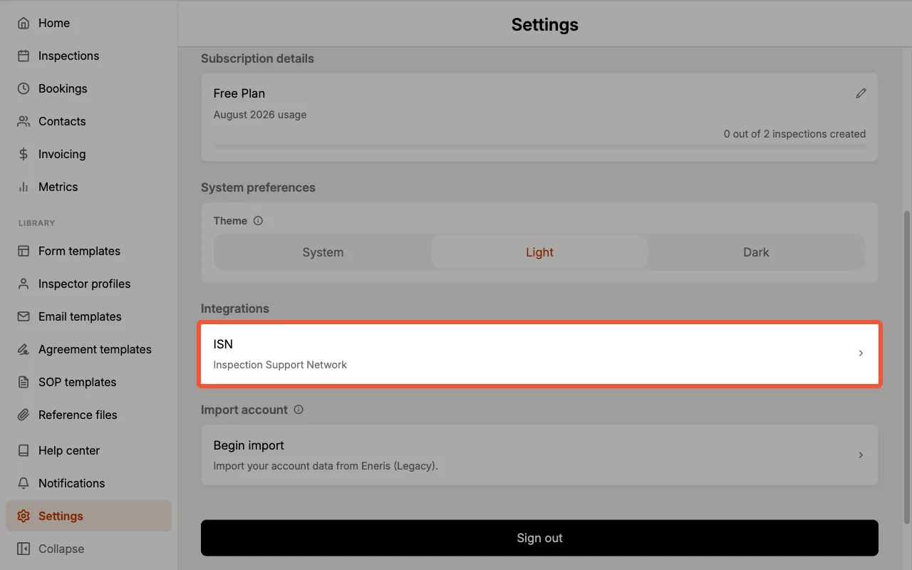 Settings page with the ISN card under the Integrations section.