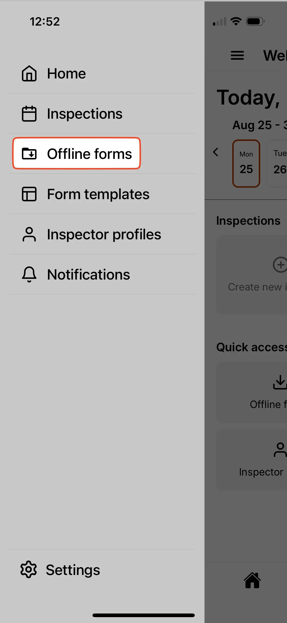 Accessing offline forms through the sidebar menu.