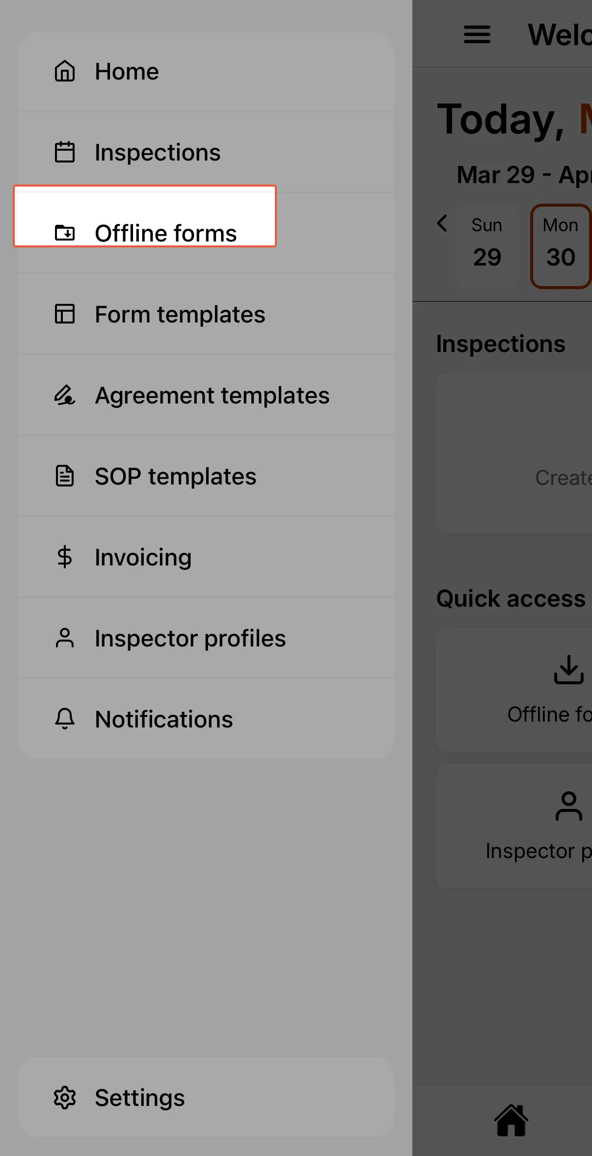 Accessing offline forms through the sidebar menu.