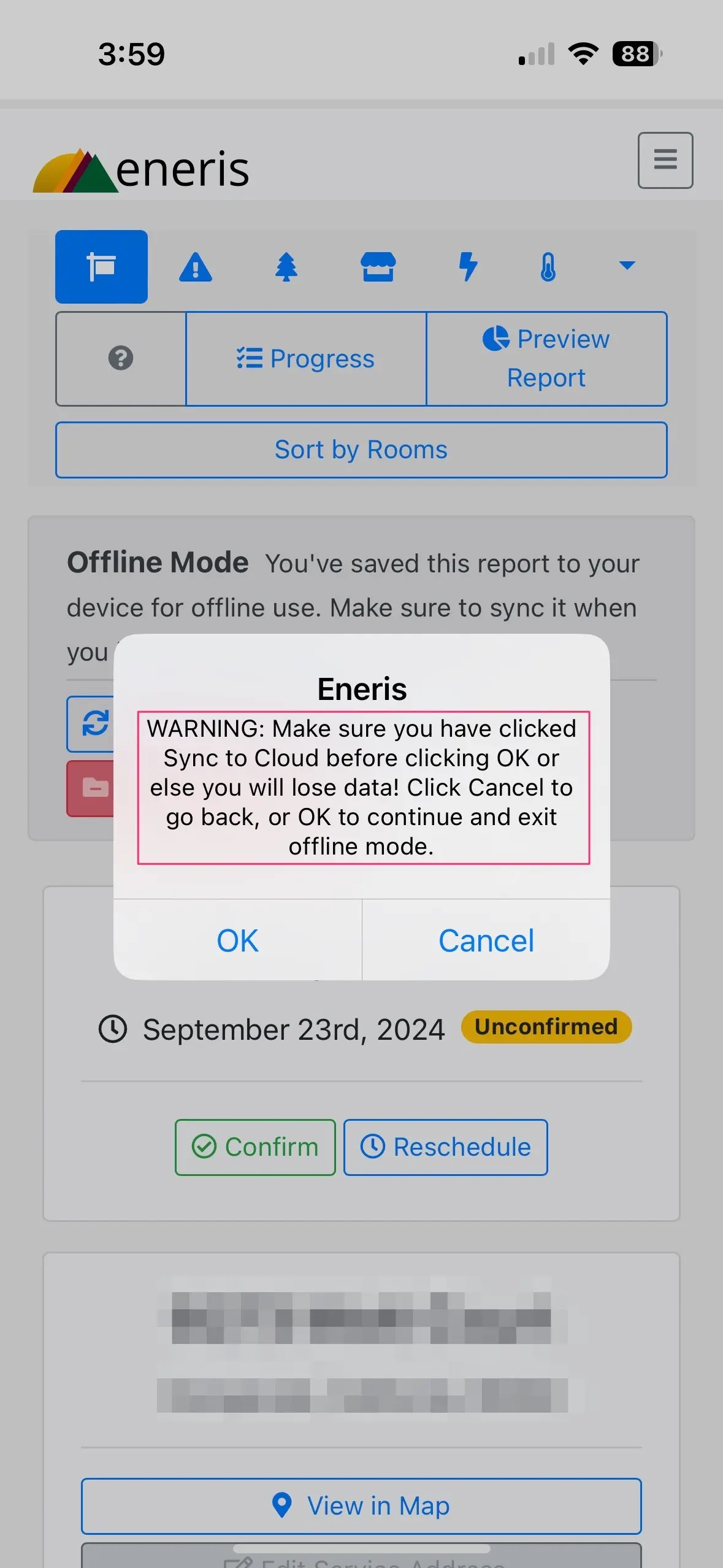 Warning to ensure report has already been synced to the cloud before leaving offline mode