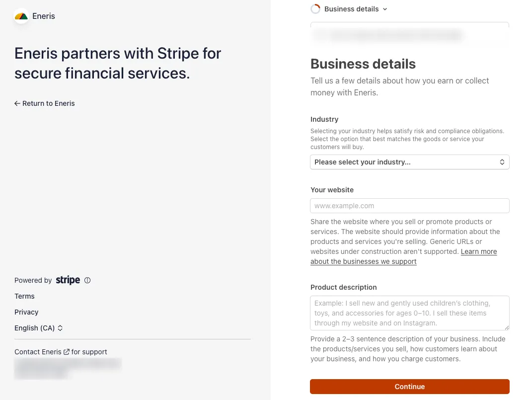 Enter your business details in Stripe.