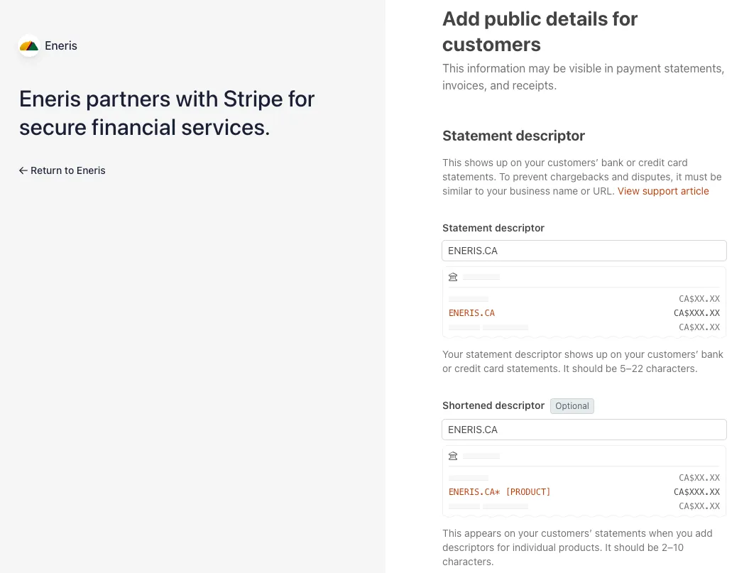 Enter the statement descriptor and customer support details in Stripe.
