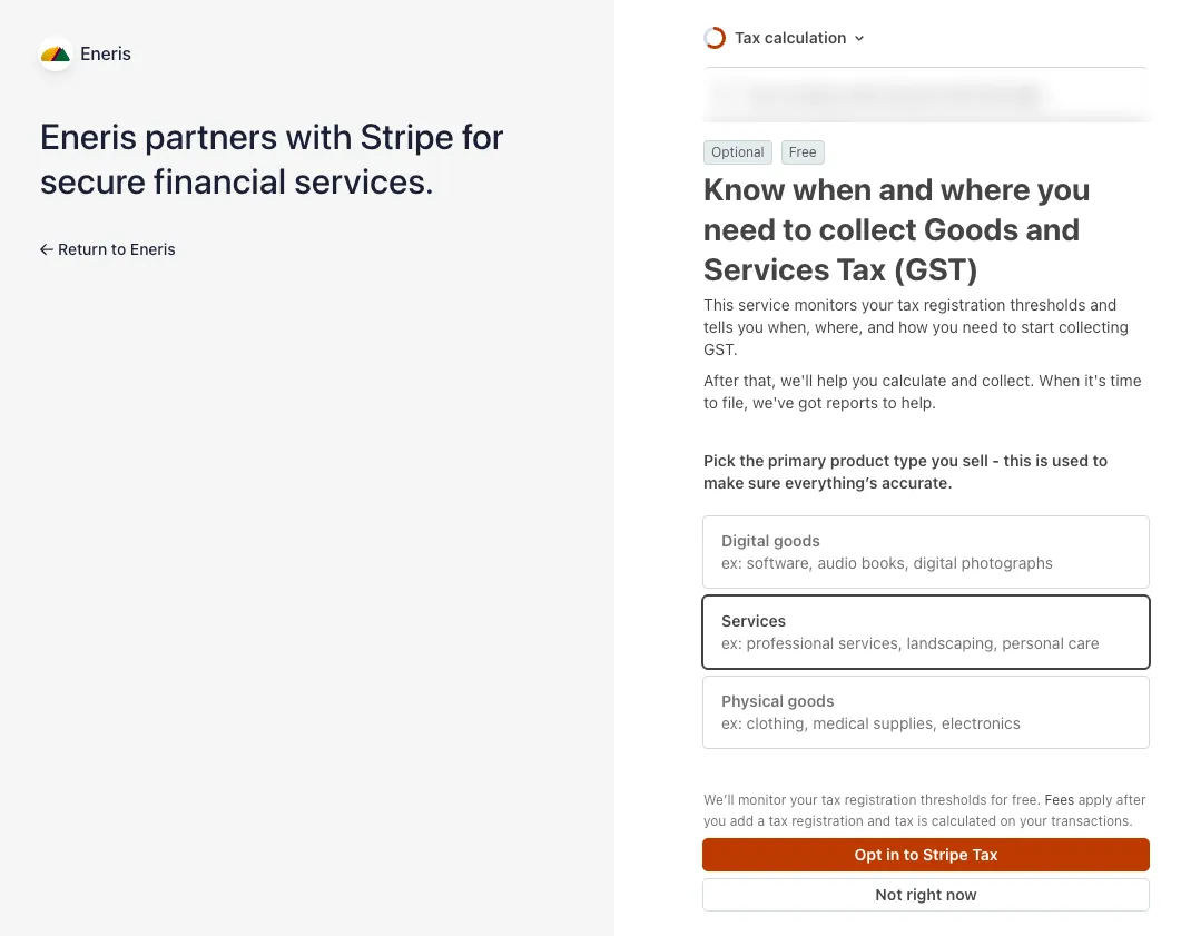 Optionally opt in to Stripe Tax during onboarding.