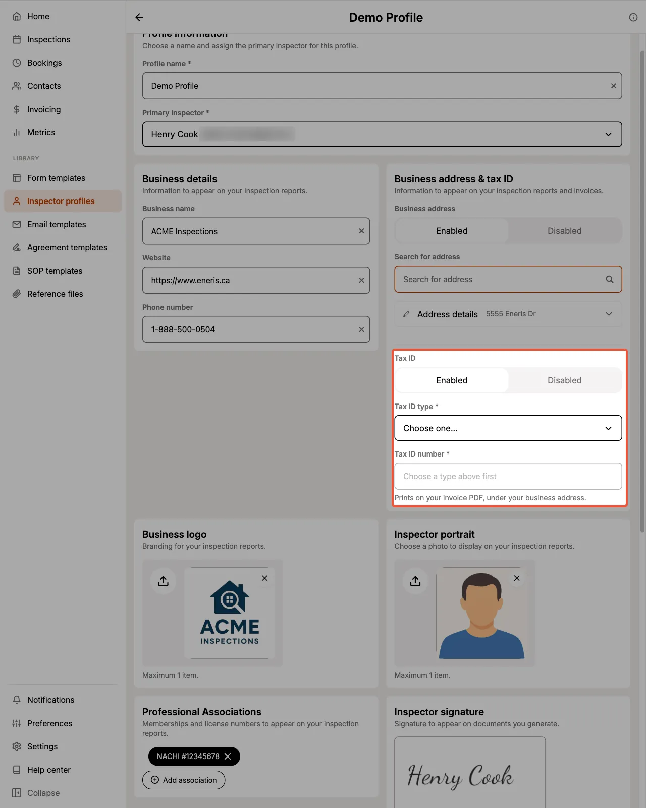The Business address and tax ID card with Tax ID enabled, showing the Tax ID type and Tax ID number fields.