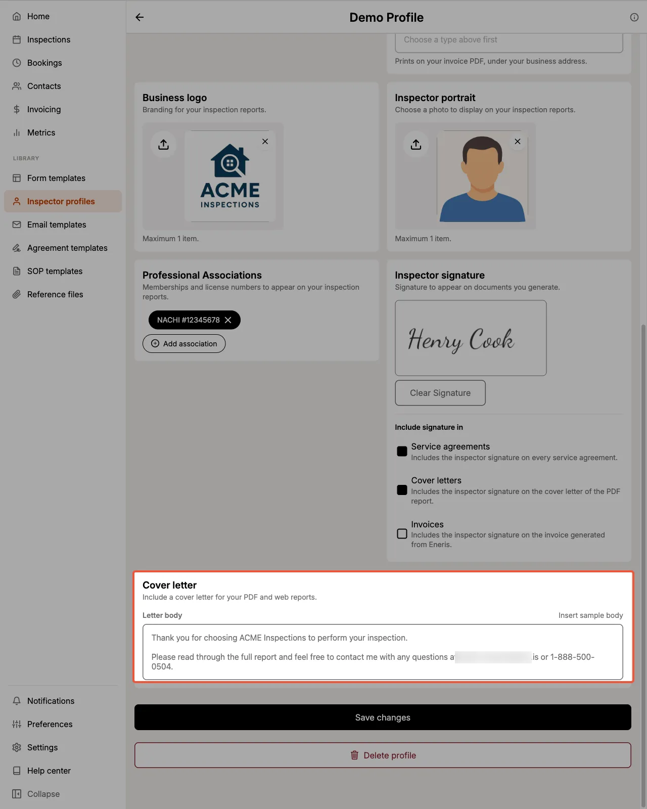 The Cover letter card on an inspector profile with a letter written in the Letter body field.