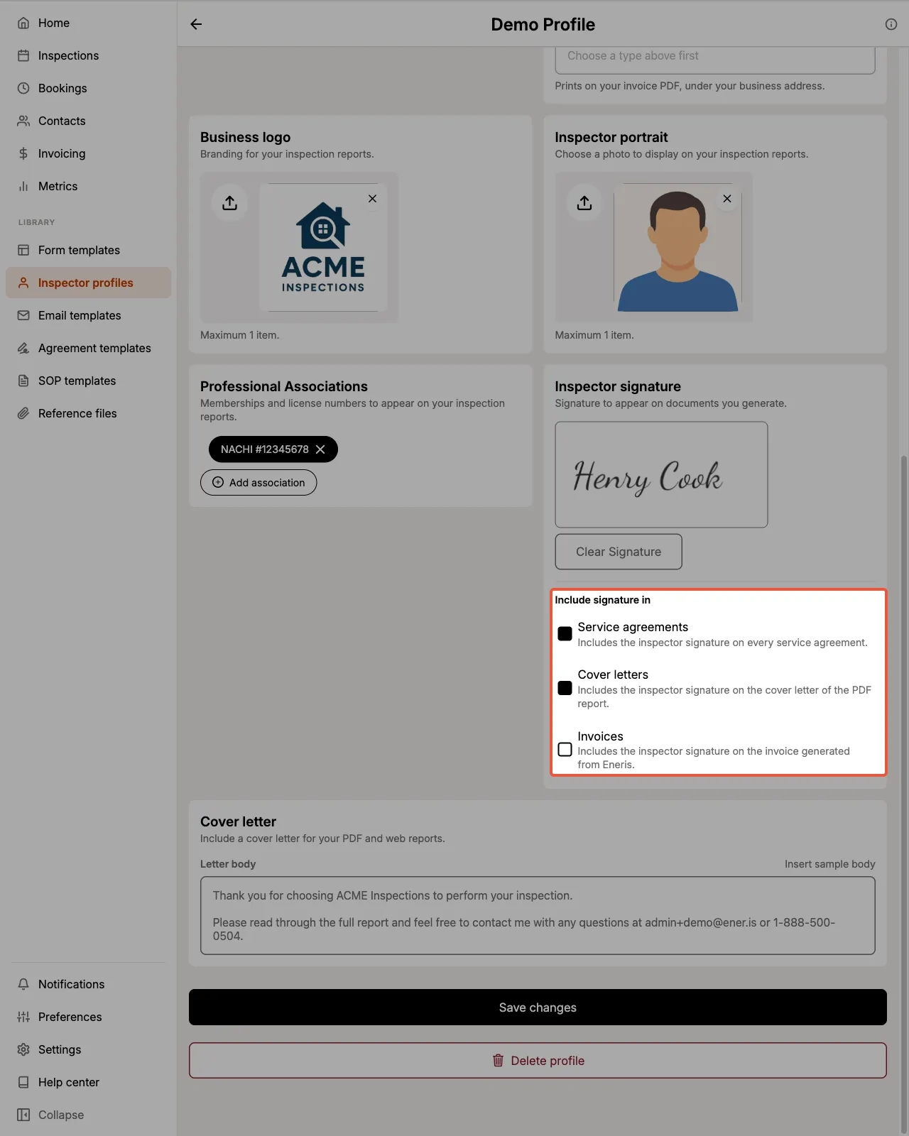 The Include signature in checklist with Service agreements and Cover letters selected and Invoices cleared.