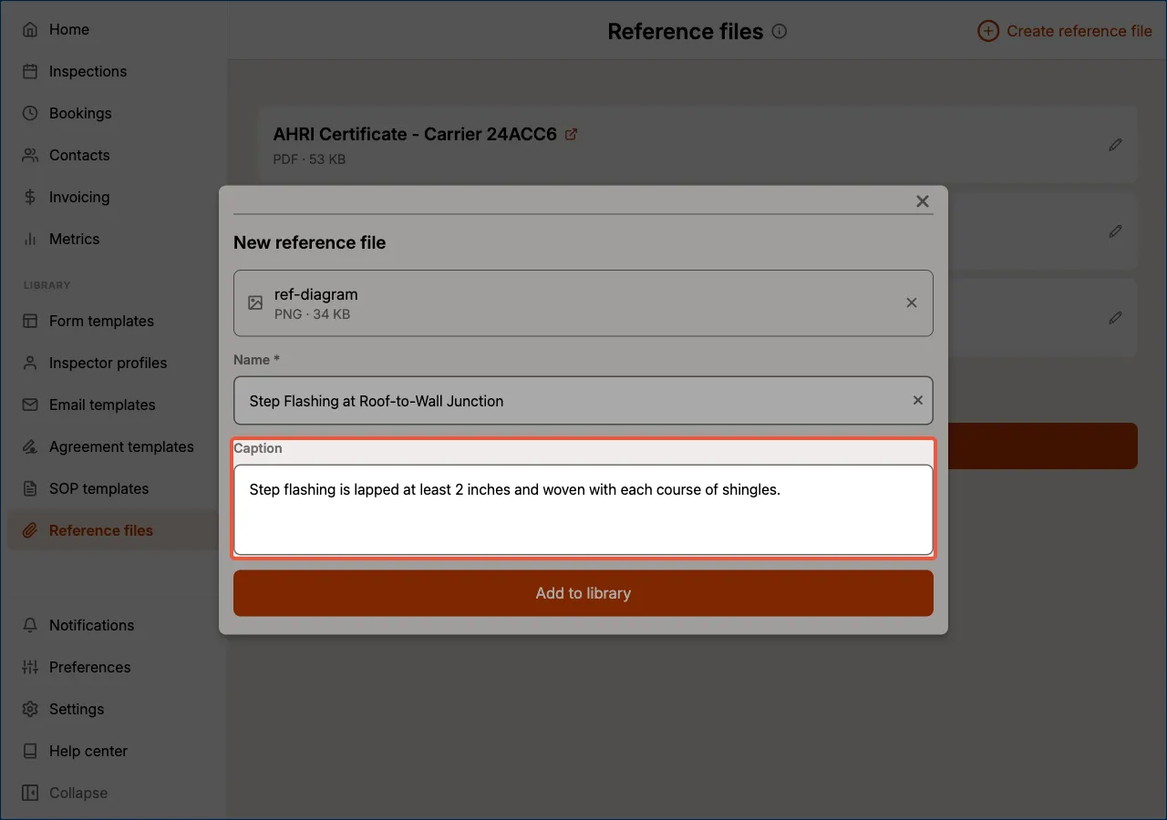The New reference file sheet for an image, with the Caption field highlighted beneath the Name field.
