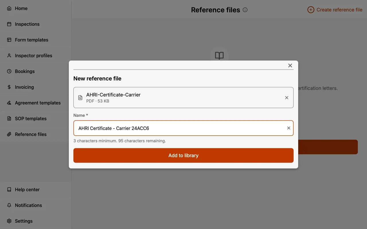 New reference file sheet with a chosen PDF and a name entered.
