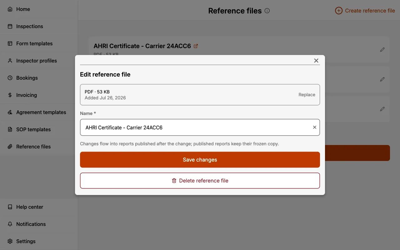 Edit reference file sheet showing the Replace option and name field.