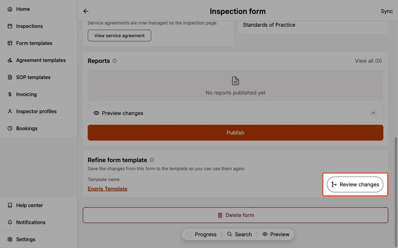 Review changes button in the Refine form template section of an Inspection Form.
