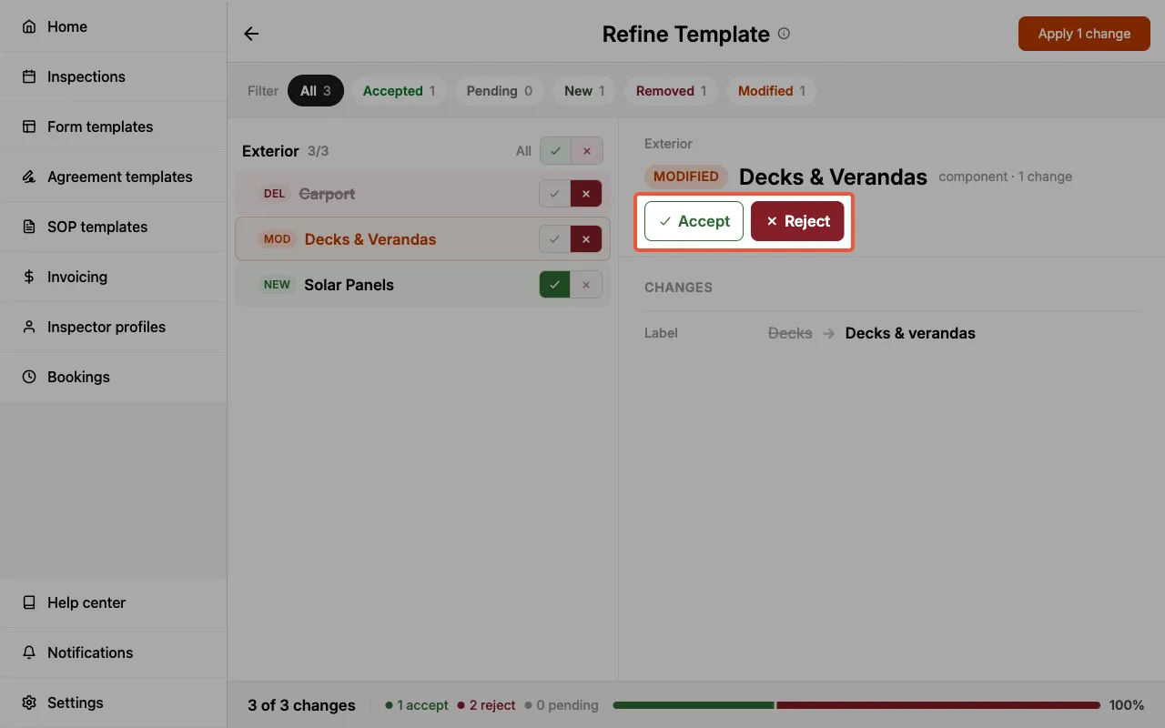 Refine Template page with Accept and Reject buttons for a modified component.