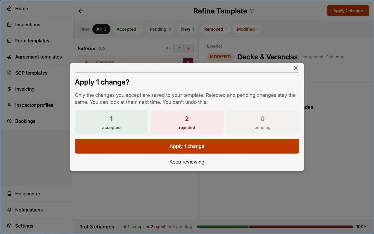Confirmation dialog summarizing accepted, rejected, and pending changes before applying.