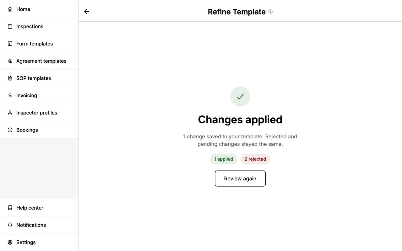 Changes applied confirmation screen with counts of applied and rejected changes.
