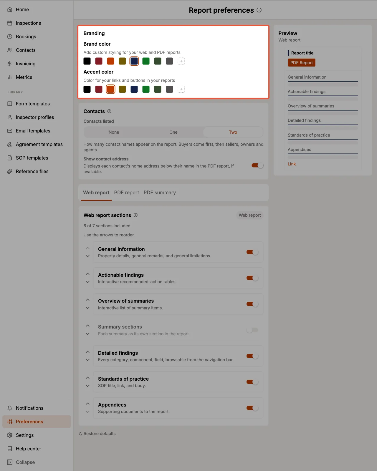 The Branding card with the brand color and accent color swatch rows highlighted.