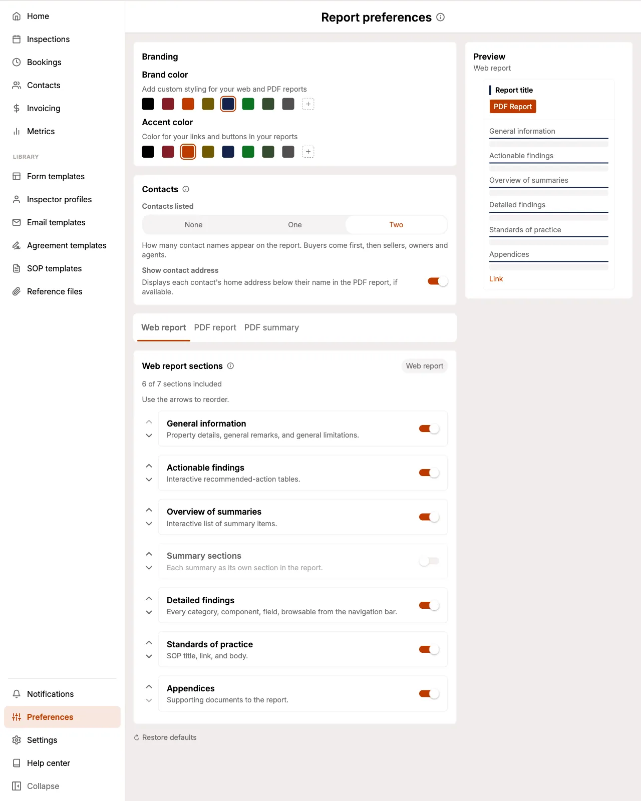 The Report preferences screen with the Branding, Contacts, and Web report sections cards, and the live preview panel.