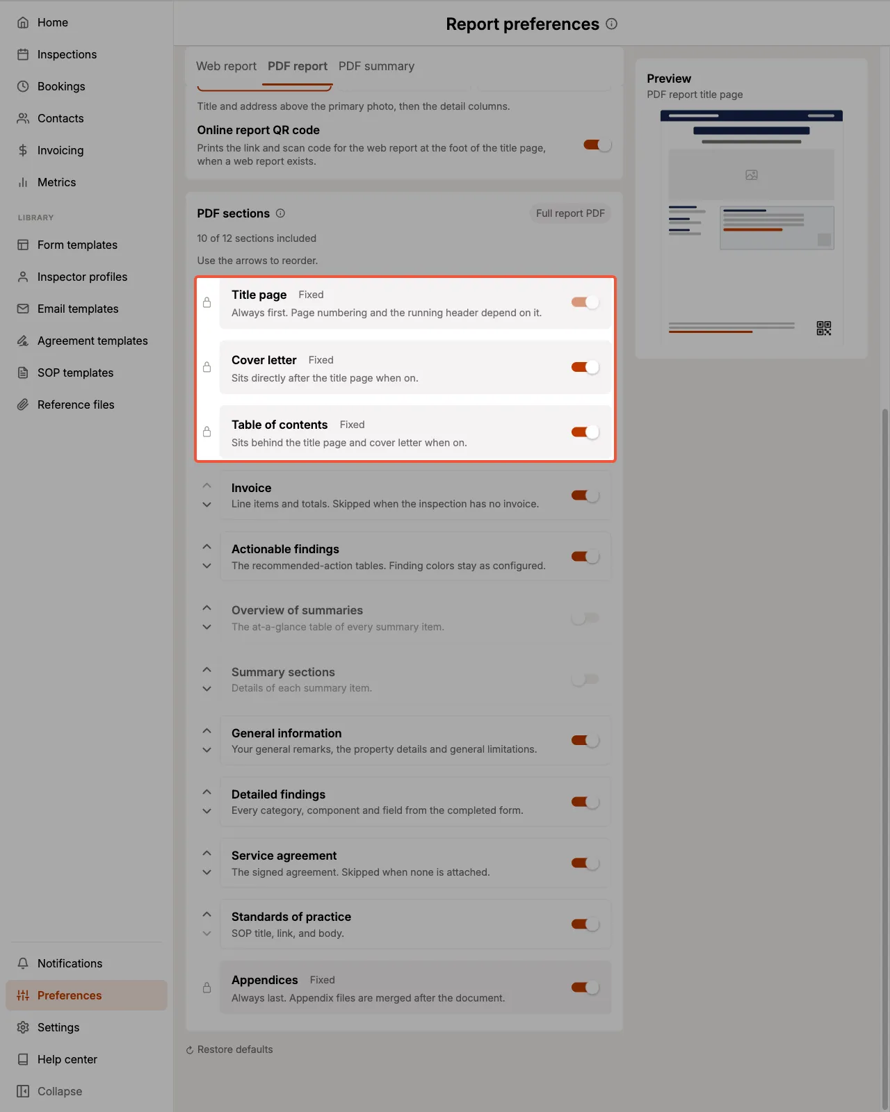 The pinned Title page, Cover letter, and Table of contents rows, each marked with a padlock and a Fixed badge.