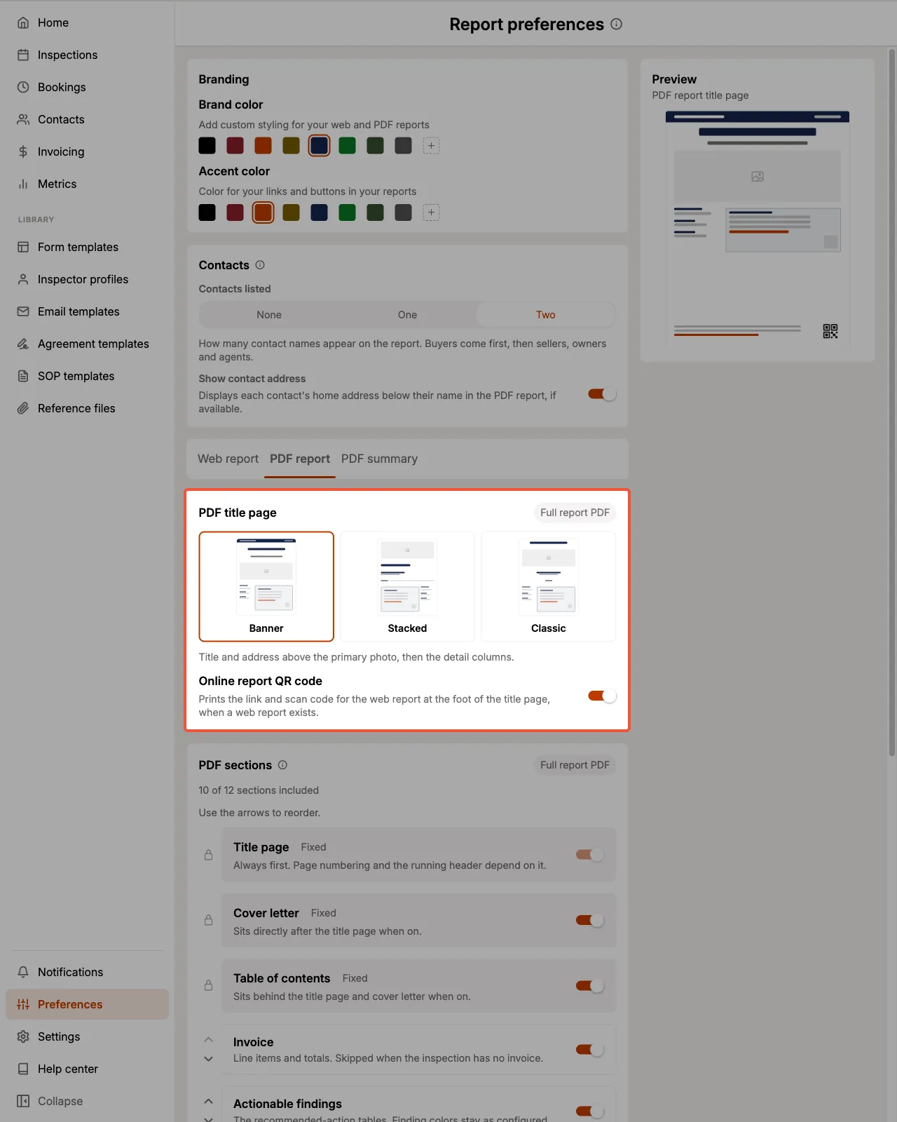 The PDF title page card with the Banner, Stacked, and Classic layout thumbnails and the online report QR code toggle.