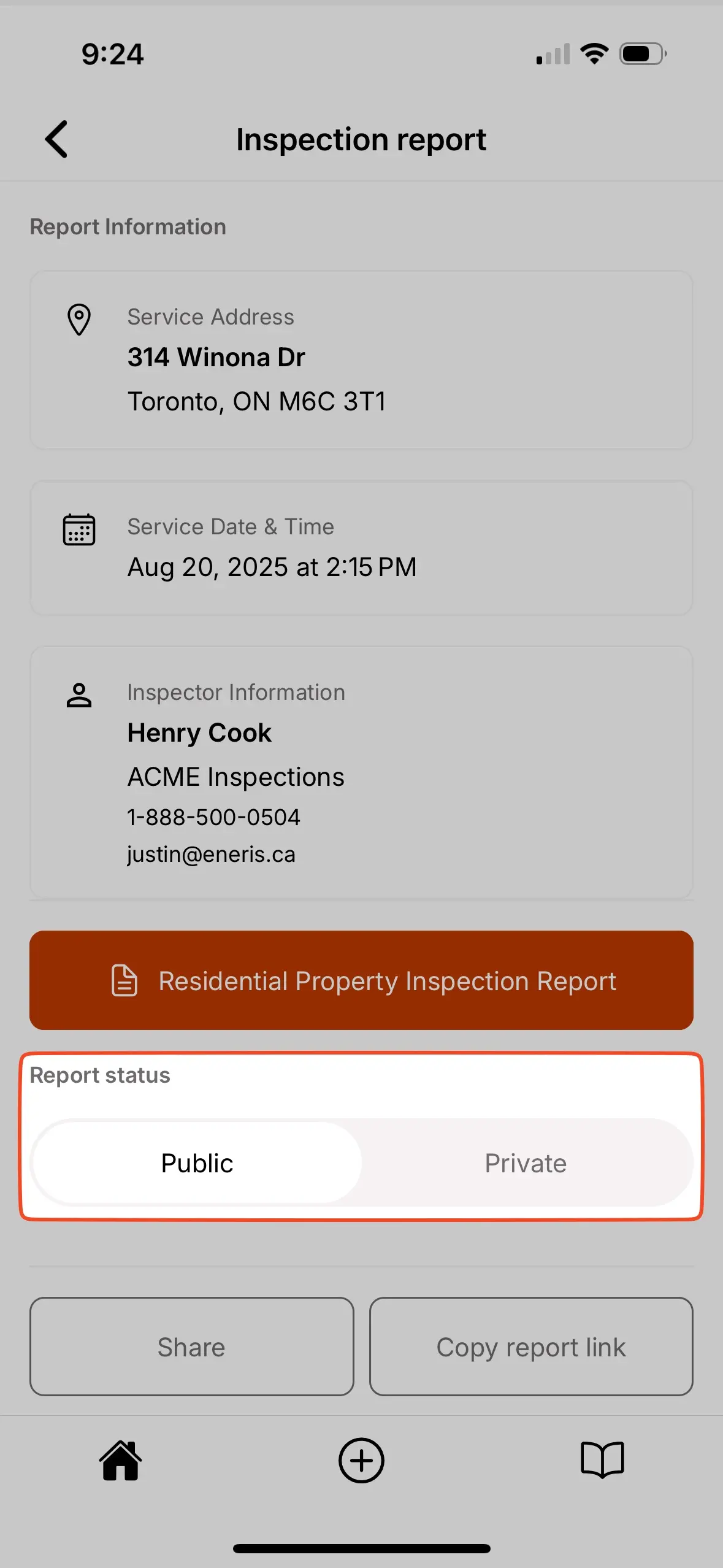Report status toggle for public or private.
