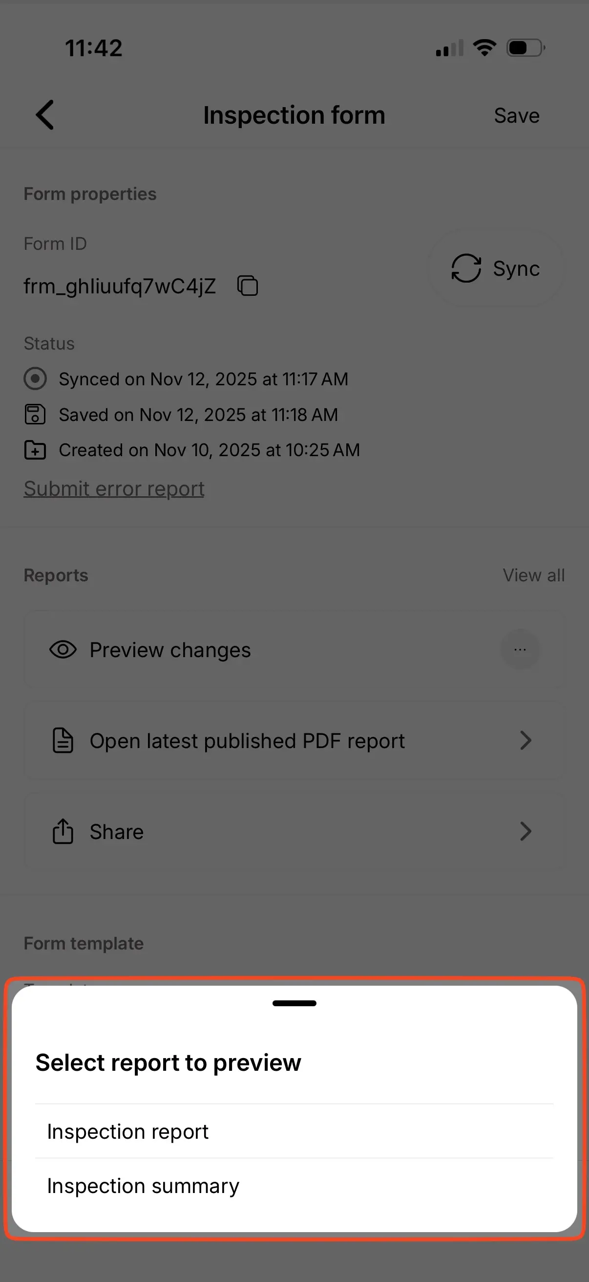 Preview selection with both Inspection Report and Inspection Summary options.