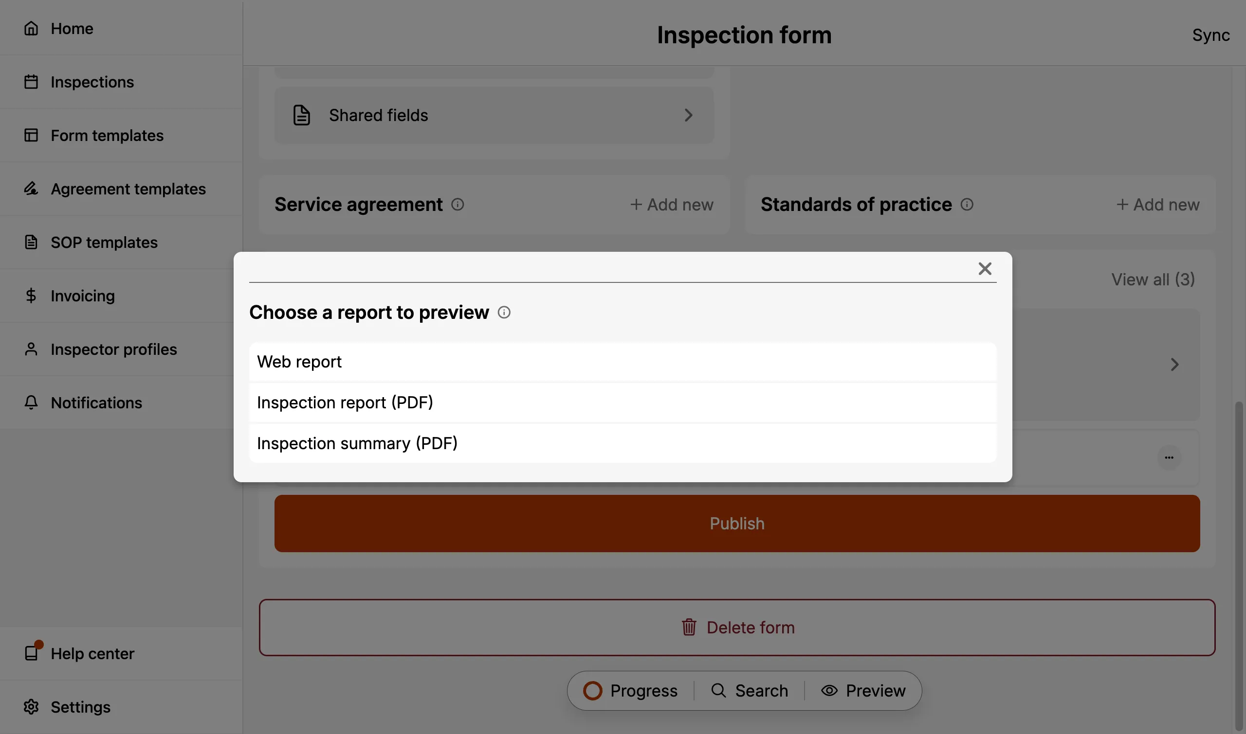 Preview chooser with Web report, Inspection report (PDF), and Inspection summary (PDF) options.