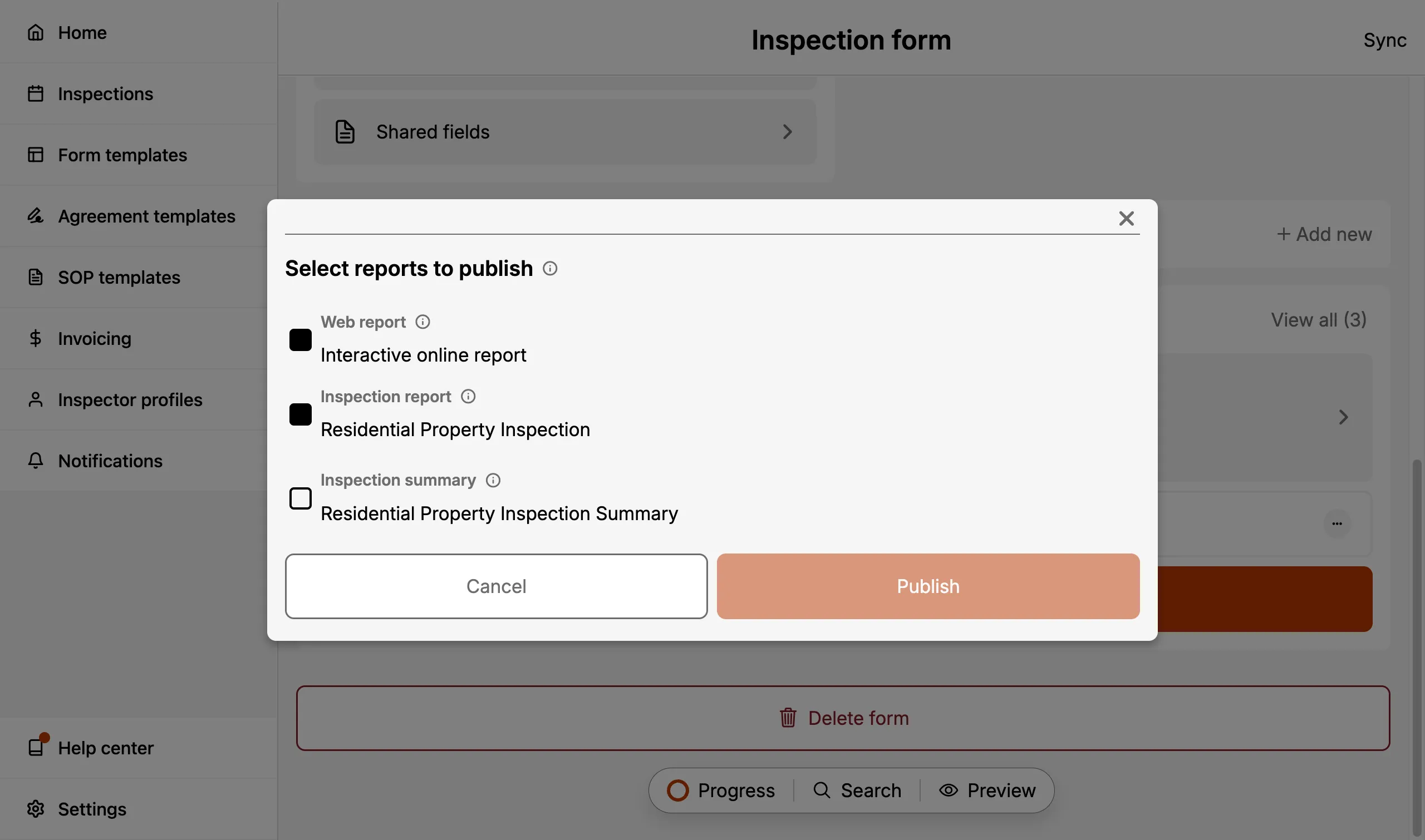 Publish bottom sheet with Web report, Inspection report, and Inspection summary checkboxes.